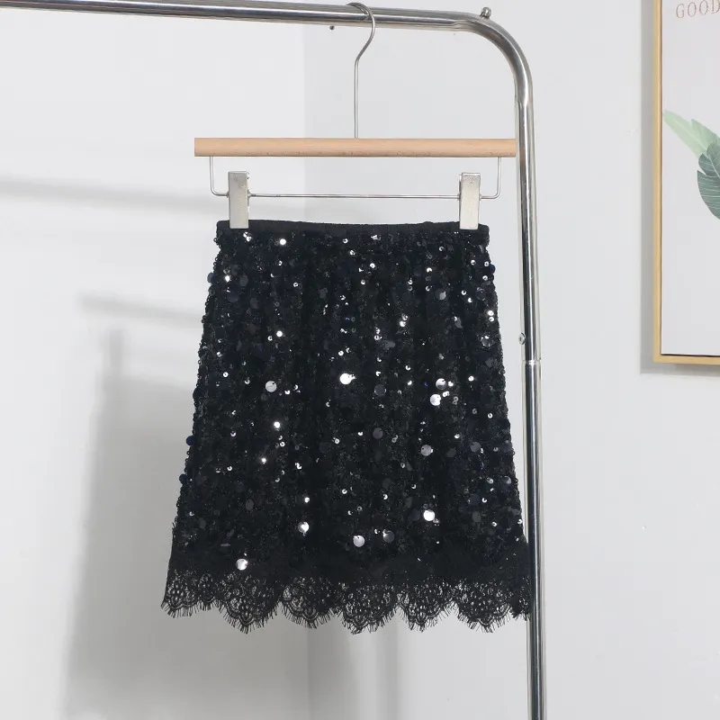 Brownm Real Shoot Spice Girl Squin A-Word Skirt Girl Summer Tight High Waist Anti-Walking Light Lace Side Hip Skirt 5551