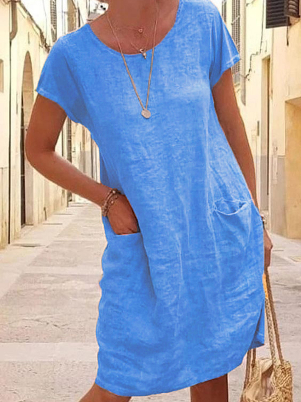 Mature Women Plus Size New Loose Solid Color Pocket Short Sleeve Round Neck Cotton And Linen Dress