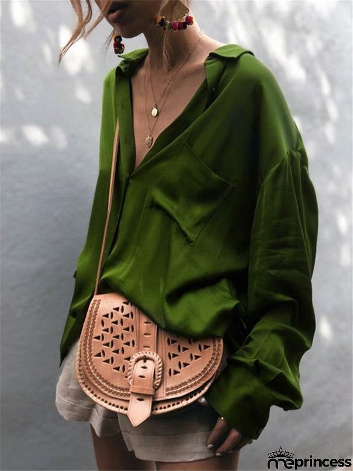 Relaxed Loose Fit Classic Collar Front Button Fastening Chest Pocket Long Sleeve Blouse