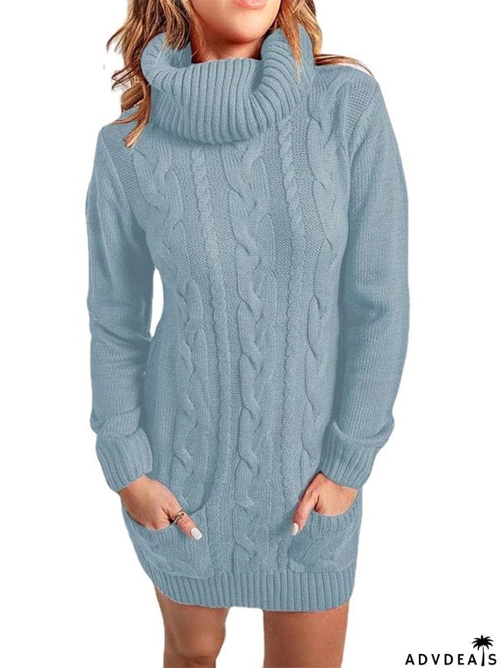 Casual Turtle Neck Knitted Sweater Dresses