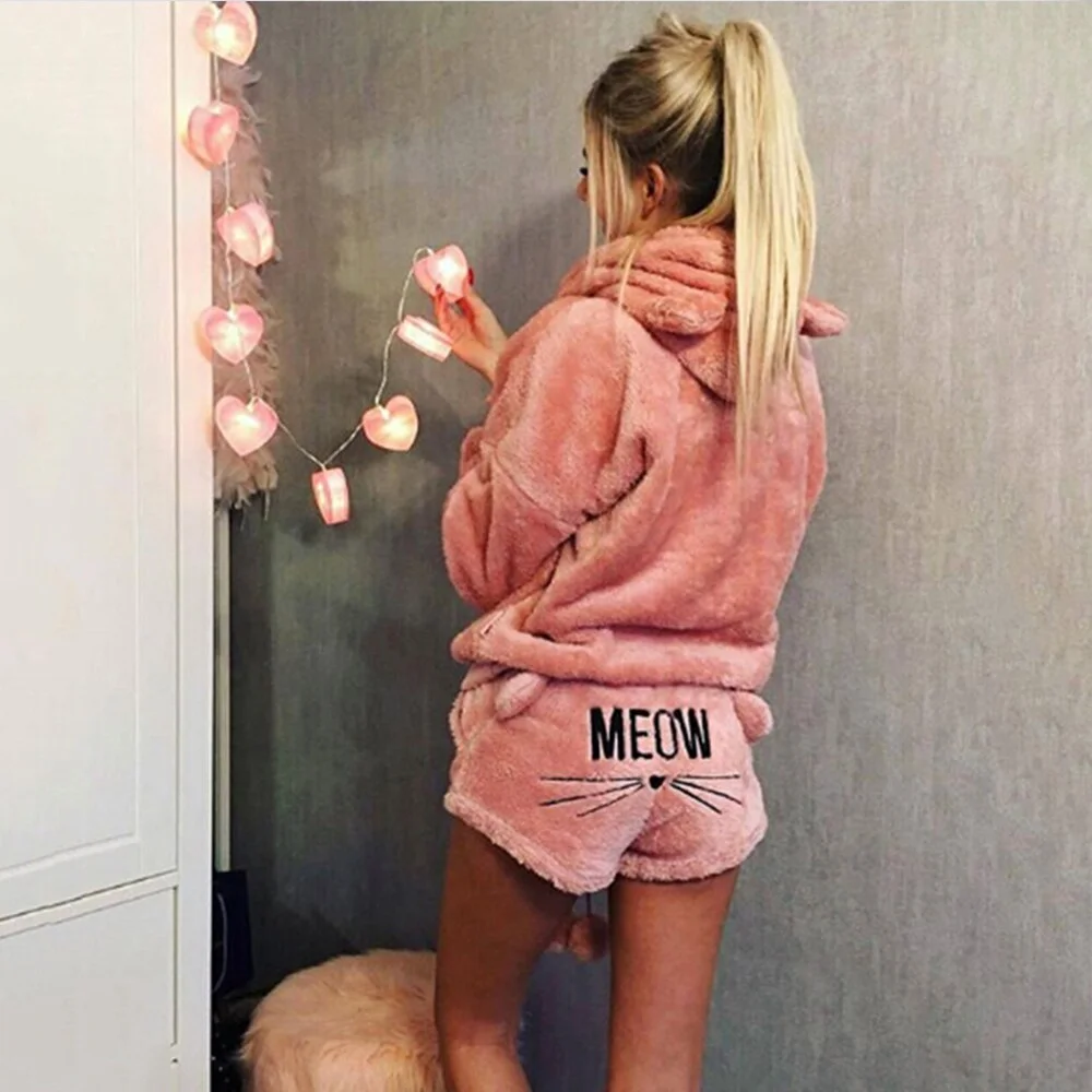 Fleece Fuzzy Hooded Sweatshirt with Ears Suit Women Letter Printed Coral Velvet Pajama Two Piece Set Cat Print Home Sleepwear