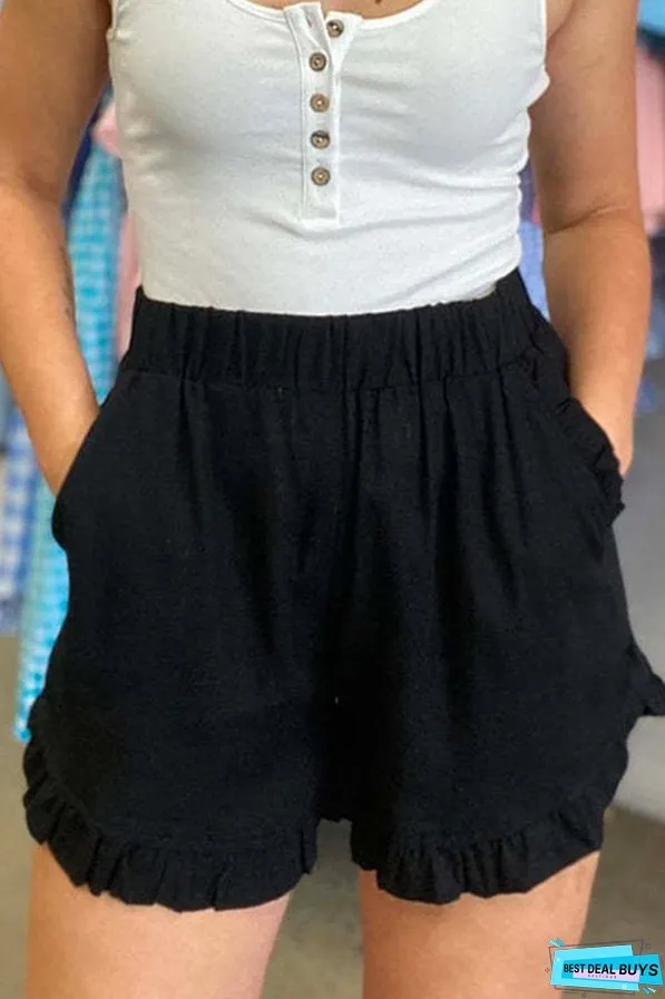 Elastic Waist Wide Leg Ruffle Cotton Linen Shorts