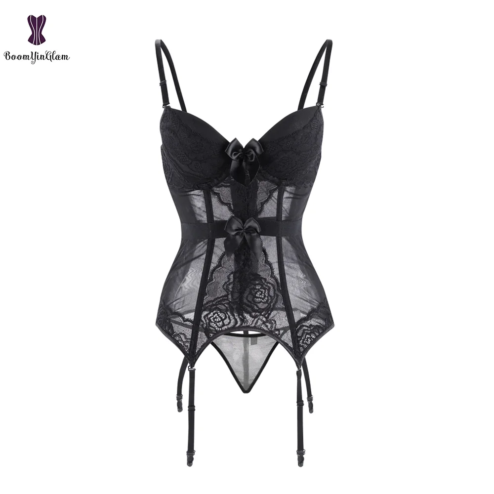 Billionm Straps Sexy Lingerie Women Underwear Transparent Lace Bra Corset Padded Bustier With Suspenders Size S-2XL 944#