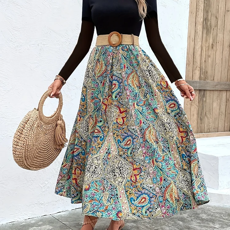 Paisley Print Maxi Dress, Casual Mock Neck Long Sleeve Dress, Women's Clothing