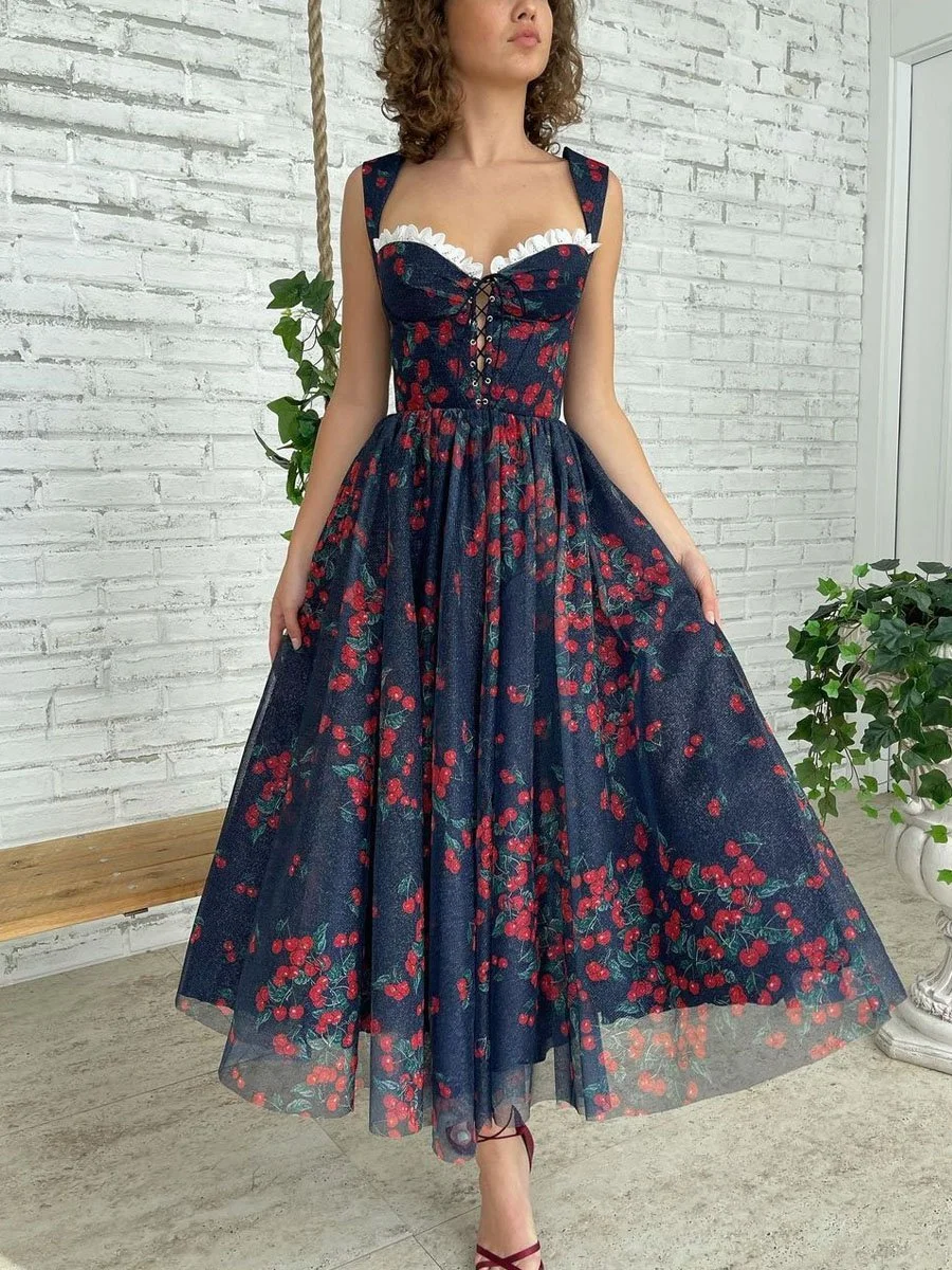 Chiffon Print Lace-up Midi Dress