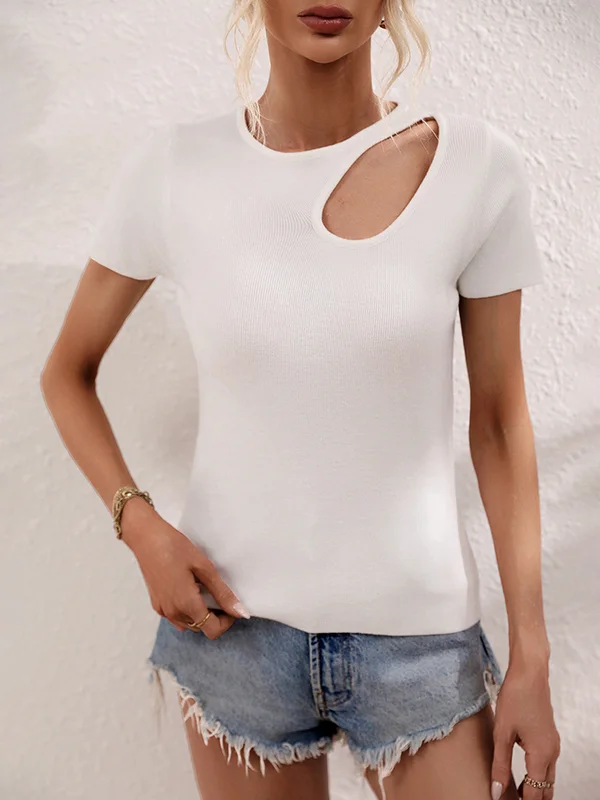 Short Sleeves Skinny Asymmetric Hollow Solid Color Round-neck T-Shirts Tops