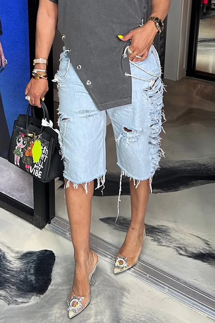 Plus Size Daily Blue Casual Distressed Denim Jeans [Pre-Order]
