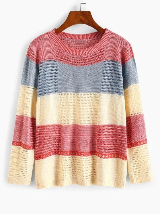Color Blocking Pointelle Sheer Knit Sweater