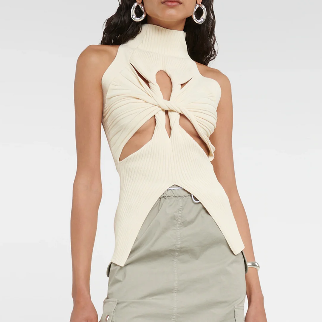 Toloer Toloer Hot Girl Hipster Wind 2024 New Standing Collar Sleeveless Personality Hollow Out Design Slim Irregular Vest-Outfit Ideas