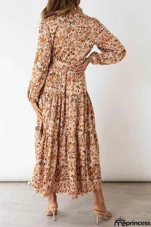 Print Belted Long Sleeve Maxi Dress