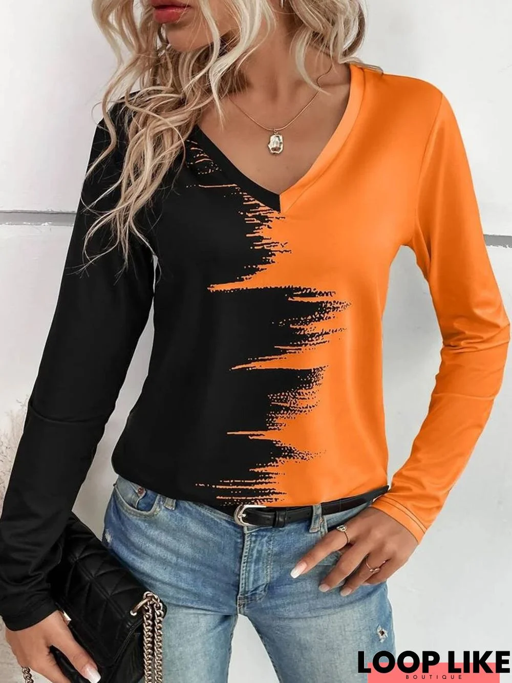 Color Block Long Sleeve V Neck Casual T-Shirt