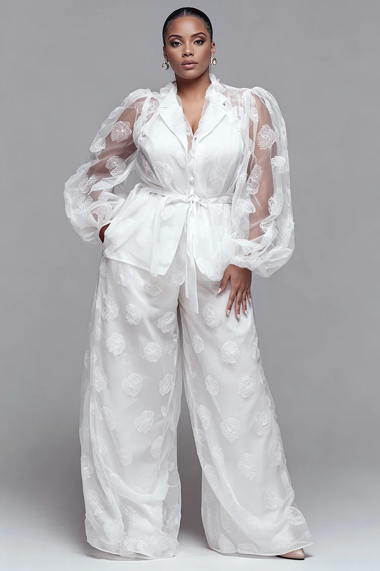 Xpluswear Design Plus Size Formal White Turndown Collar Long Sleeve See Through Pocket Two Piece Pant Sets [Pre-Order] 2024 - Xpluswear