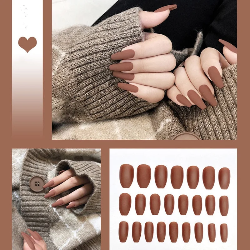 24pcs/box Full Cover fake Press on Nails Matte Yellow Pure Acrylic Frosted Ballerina acrylic for nails for Women free shipping-Nail Inspo