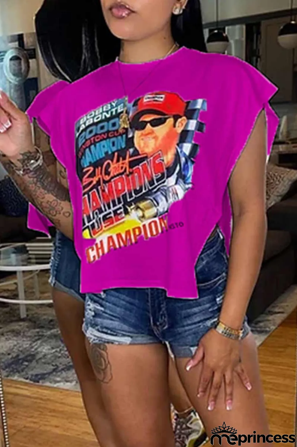 Rose Red Sexy Street Print Patchwork Slit Asymmetrical O Neck T-Shirts