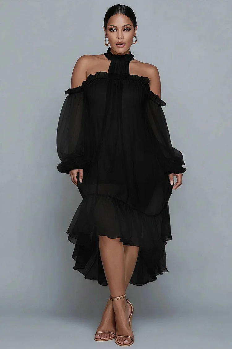 Xpluswear Design Plus Size Birthday White Halter Collar Cold Shoulder Long Sleeve Ruffle Asymmetric Hem Irregular Hem Chiffon Midi Dresses 2024 - Xpluswear