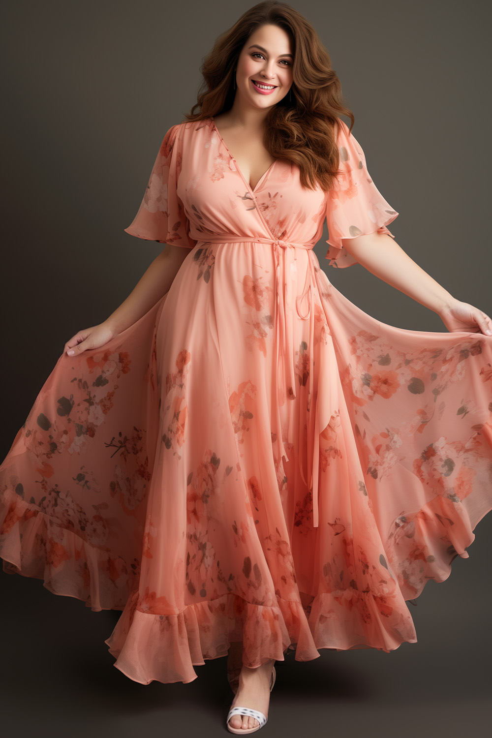 Flycurvy Plus Size Wedding Guest Coral Pink Chiffon Floral Print Wrap Flutter Sleeve Ruffle Hem Maxi Dress 2024 - Flycurvy 