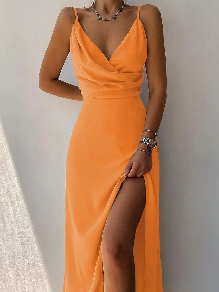 Women Sleeveless V-neck Graphic Solid Color Maxi Dress