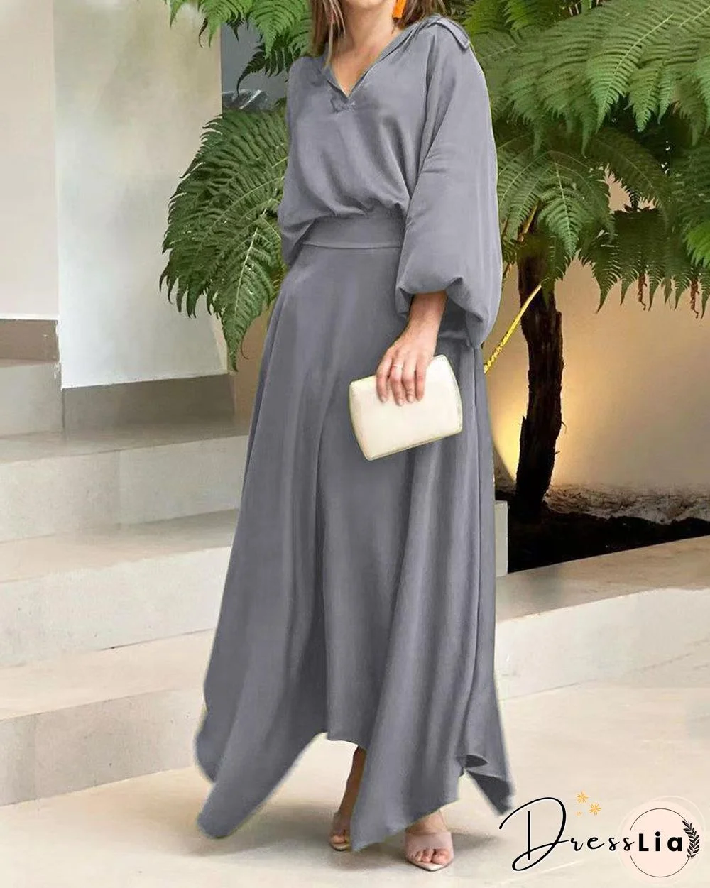 Summer New Loose Solid Color Long-sleeved Top High-waisted Half-length Suit Vintage Dress