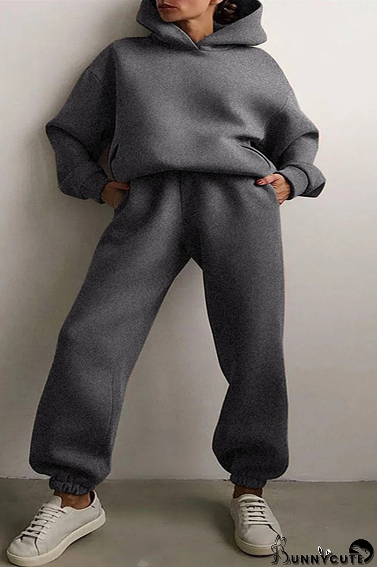 Grey Fashion Casual Solid Basic Hooded Collar Long Sleeve Two Pieces