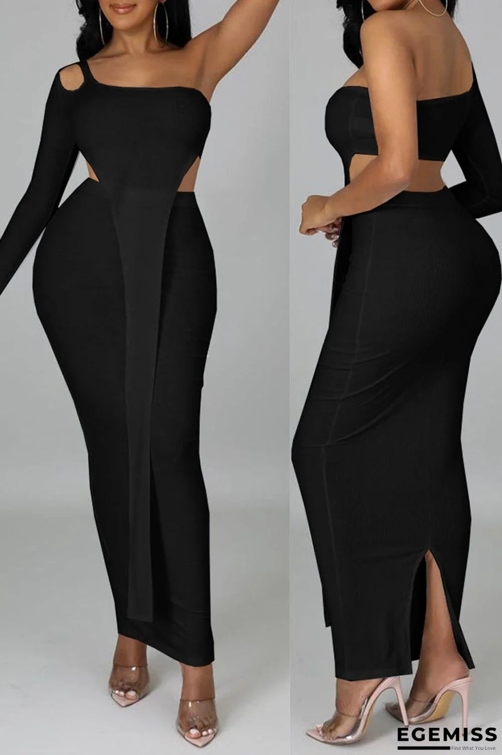 Black Sexy Solid Hollowed Out Patchwork Asymmetrical Oblique Collar Long Sleeve Two Pieces | EGEMISS