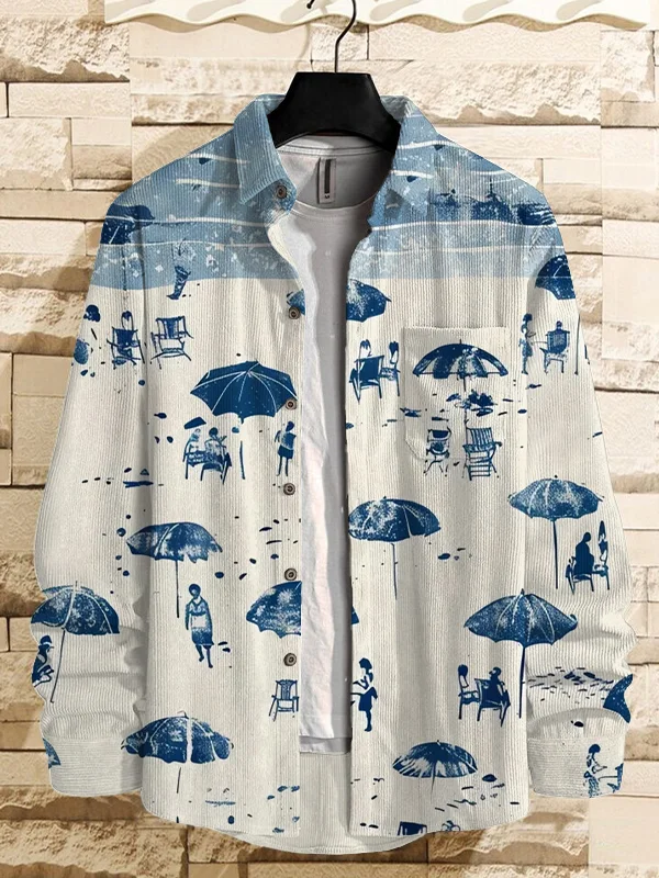 Men's Afternoon Beach Summer Art Print Corduroy Long Sleeve Shirt