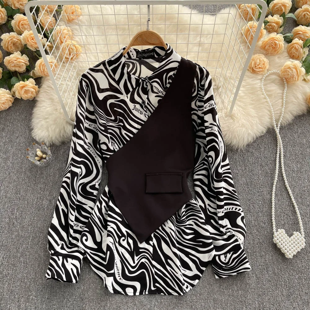 Ueong Spring Fashion New Korean Version Of The Long-Sleeved Jacket Loose Show Thin Stripe Splicing False Two Pieces