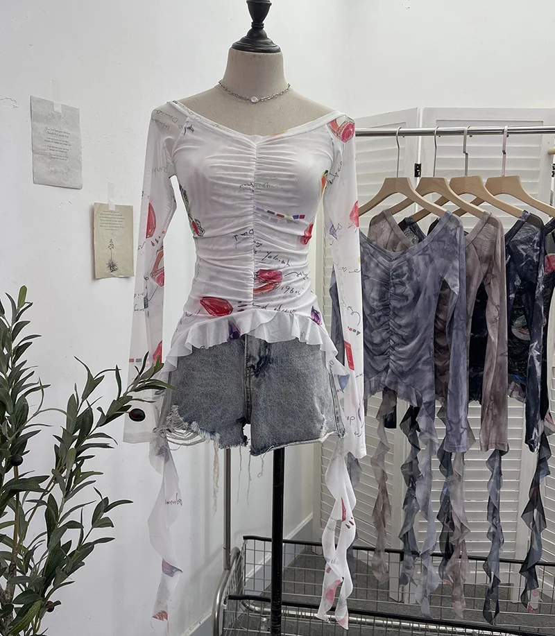 Uveng Real Shot One-字 Collared Shoulder Long-Sleeved Mesh Printing Top Irregularly Folded Lotus Leaves With Short T-Shirt 9937