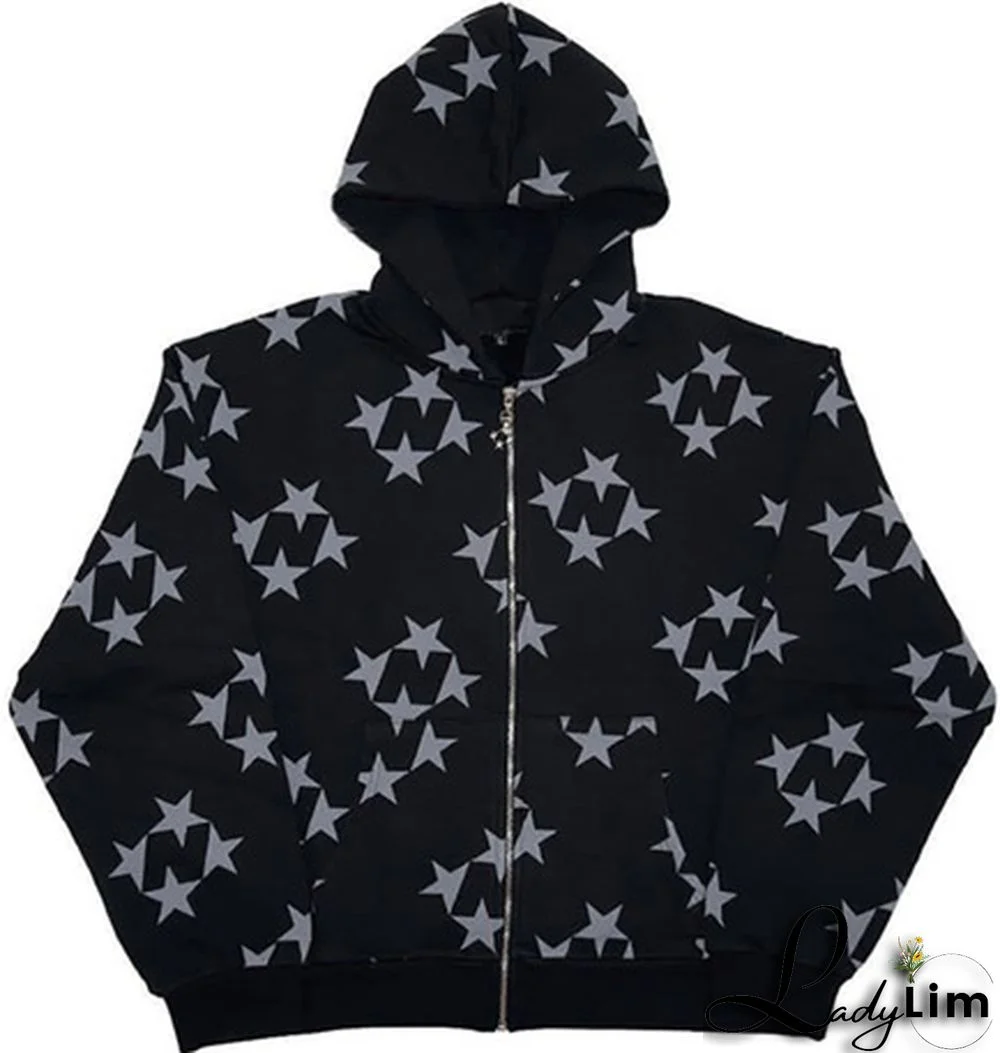 Women Star Print Zip Oversized Hoodies Jacket