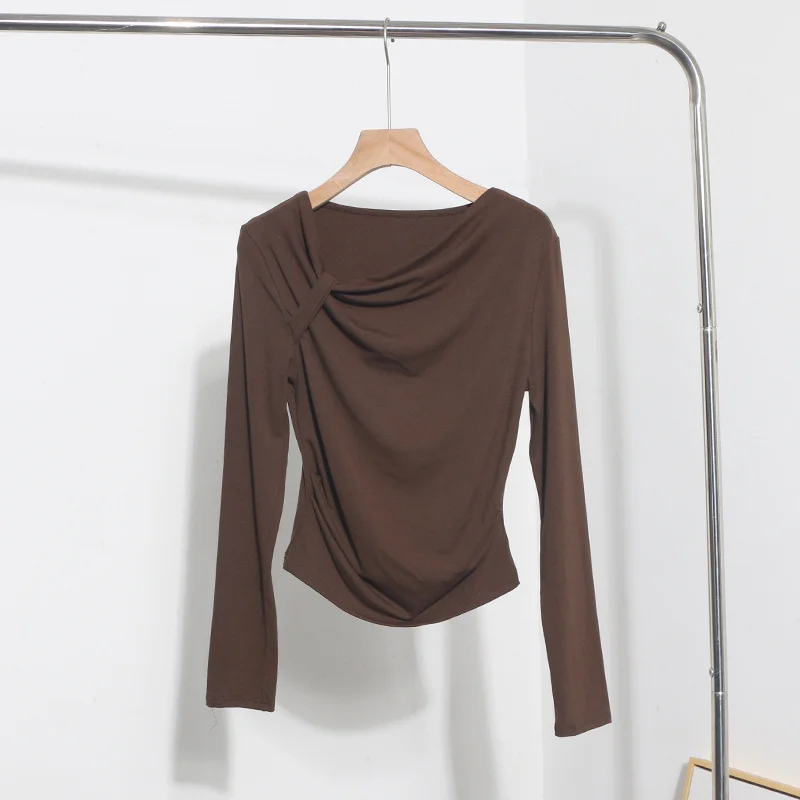 Uveng Side Bow Tie Design Folded Long-Sleeved T-Shirt Slim Thin Autumn Dress T-Shirt Short Top 1662