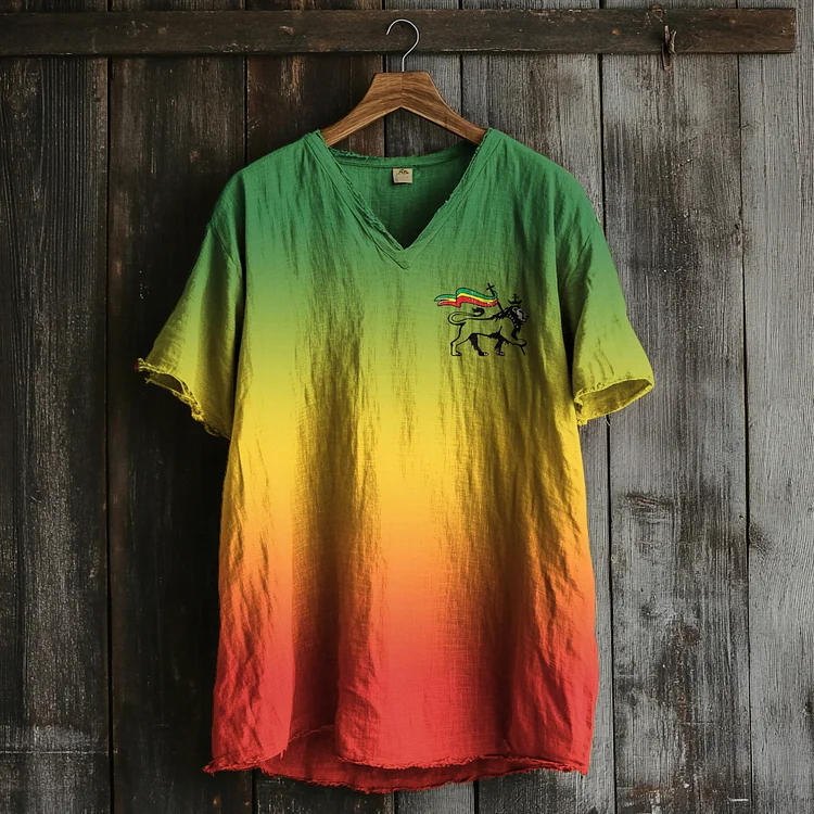 VChics Men's Tribal Lion Gradient Art Print Linen T-shirt