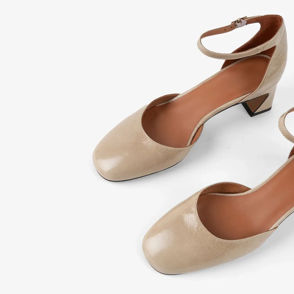 Fashion Square Toe Chunky Heel Ankle Strap Pumps Shoes in Nude