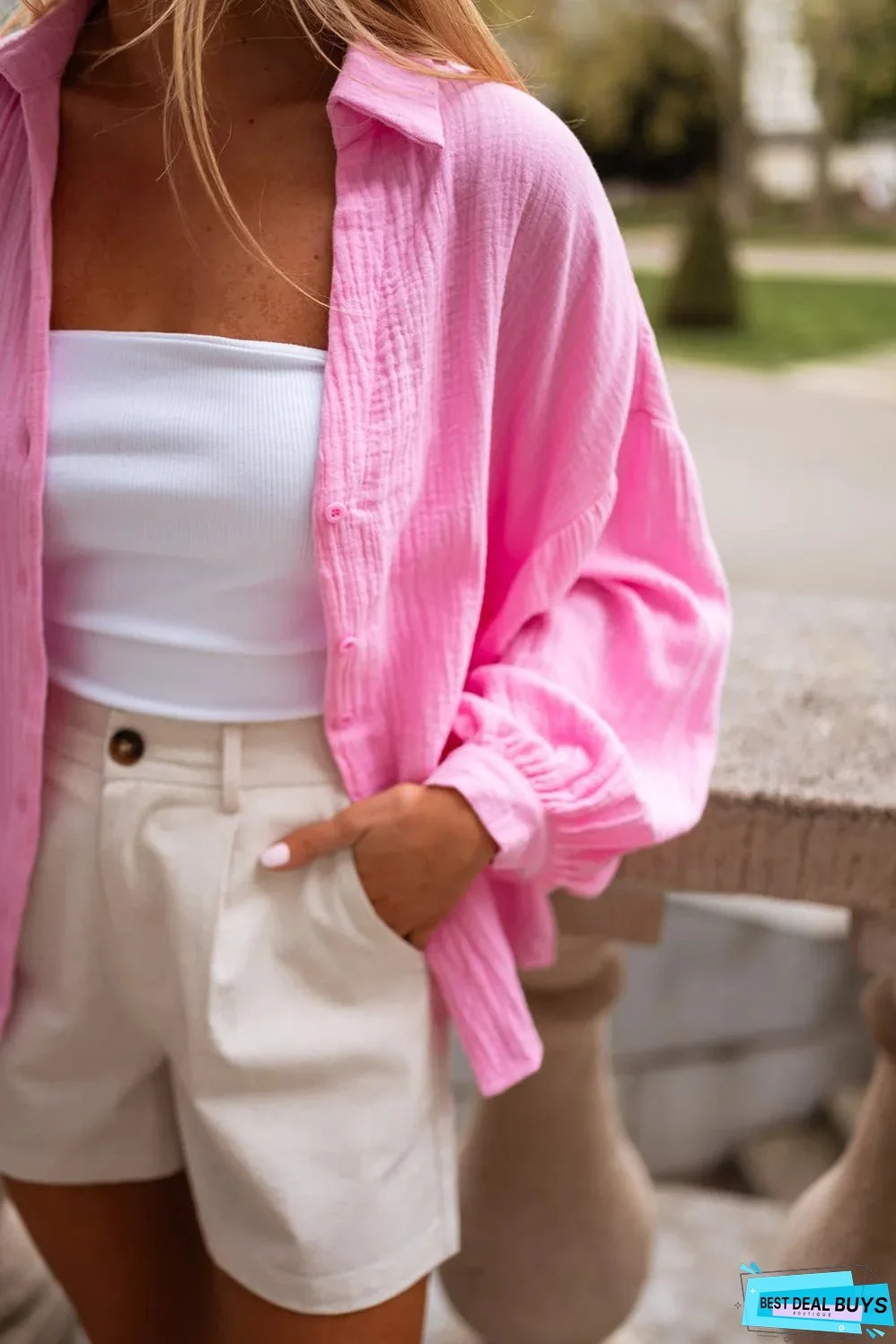 Bonbon Solid Color Puff Sleeve Crinkled Shirt
