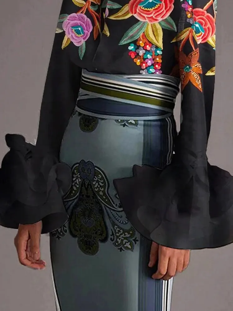 Flared Sleeves Flower Print High-Neck T-Shirts Tops