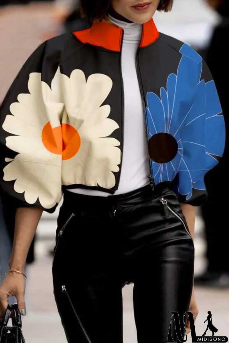 MidiSono - Casual Print Patchwork Mandarin Collar Outerwear