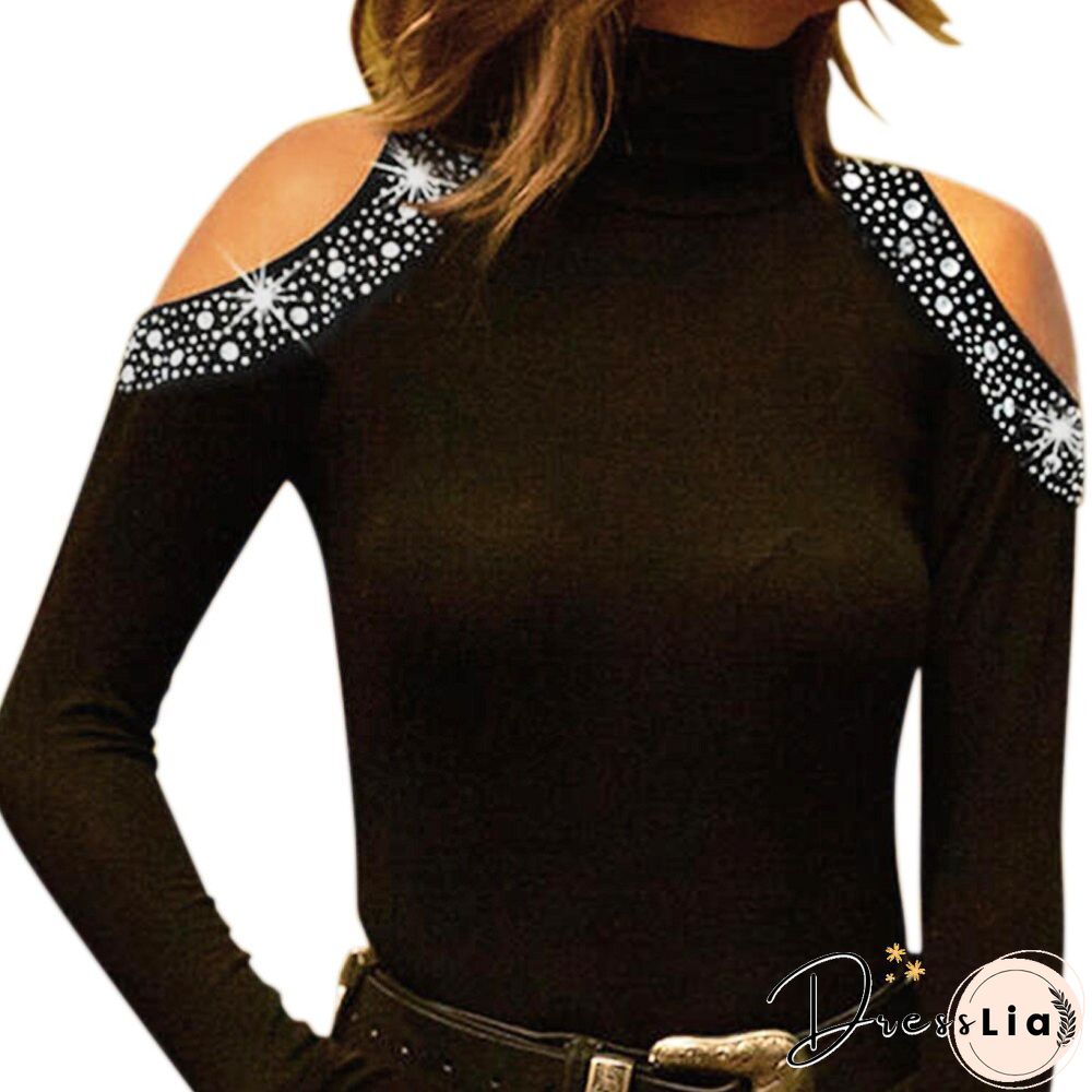 Elegant Shirts for Women Fashion Cold Shoulder Sequins Casual Long-Sleeve Lady Turtleneck Solid Tops Autumn Spring Vintage