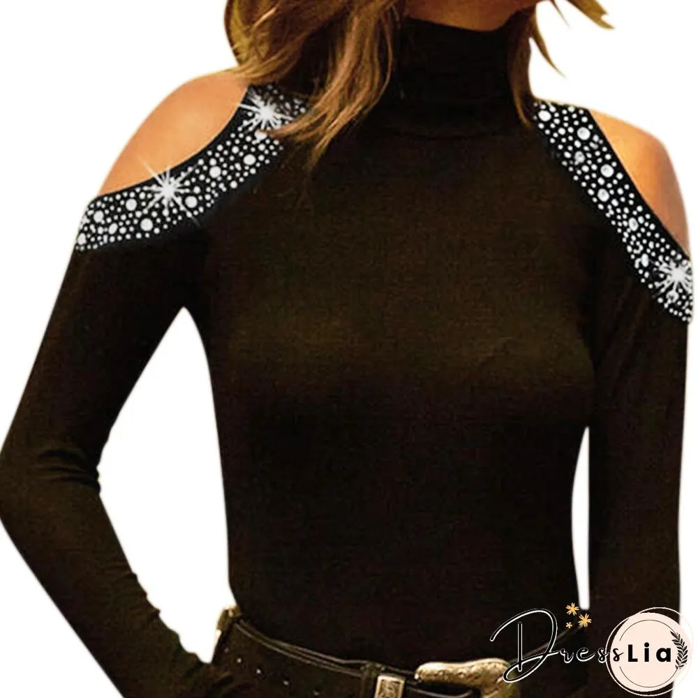 Elegant Shirts for Women Fashion Cold Shoulder Sequins Casual Long-Sleeve Lady Turtleneck Solid Tops Autumn Spring Vintage
