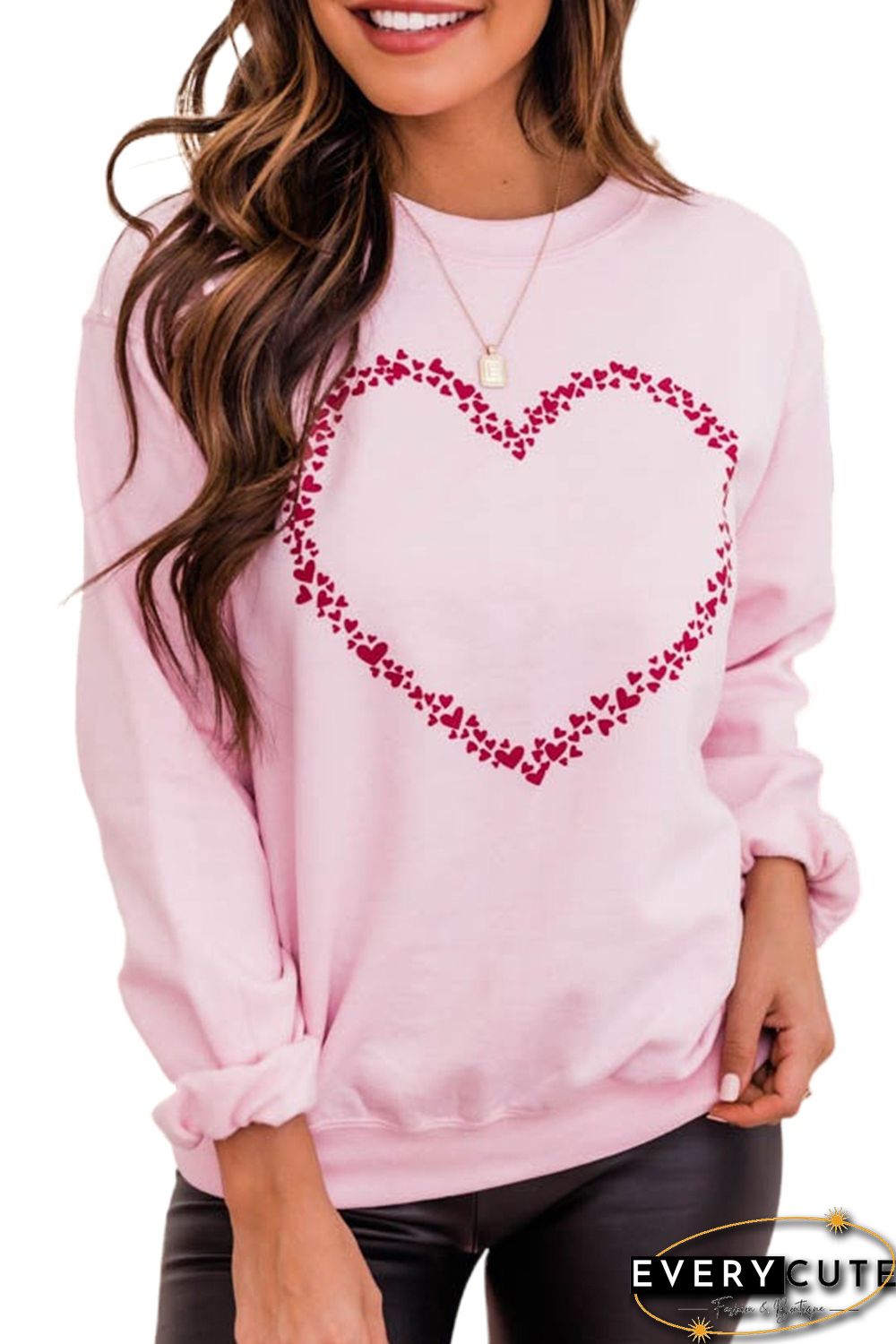 Pink Valentine Hearts Print Long Sleeve Pullover Sweatshirt