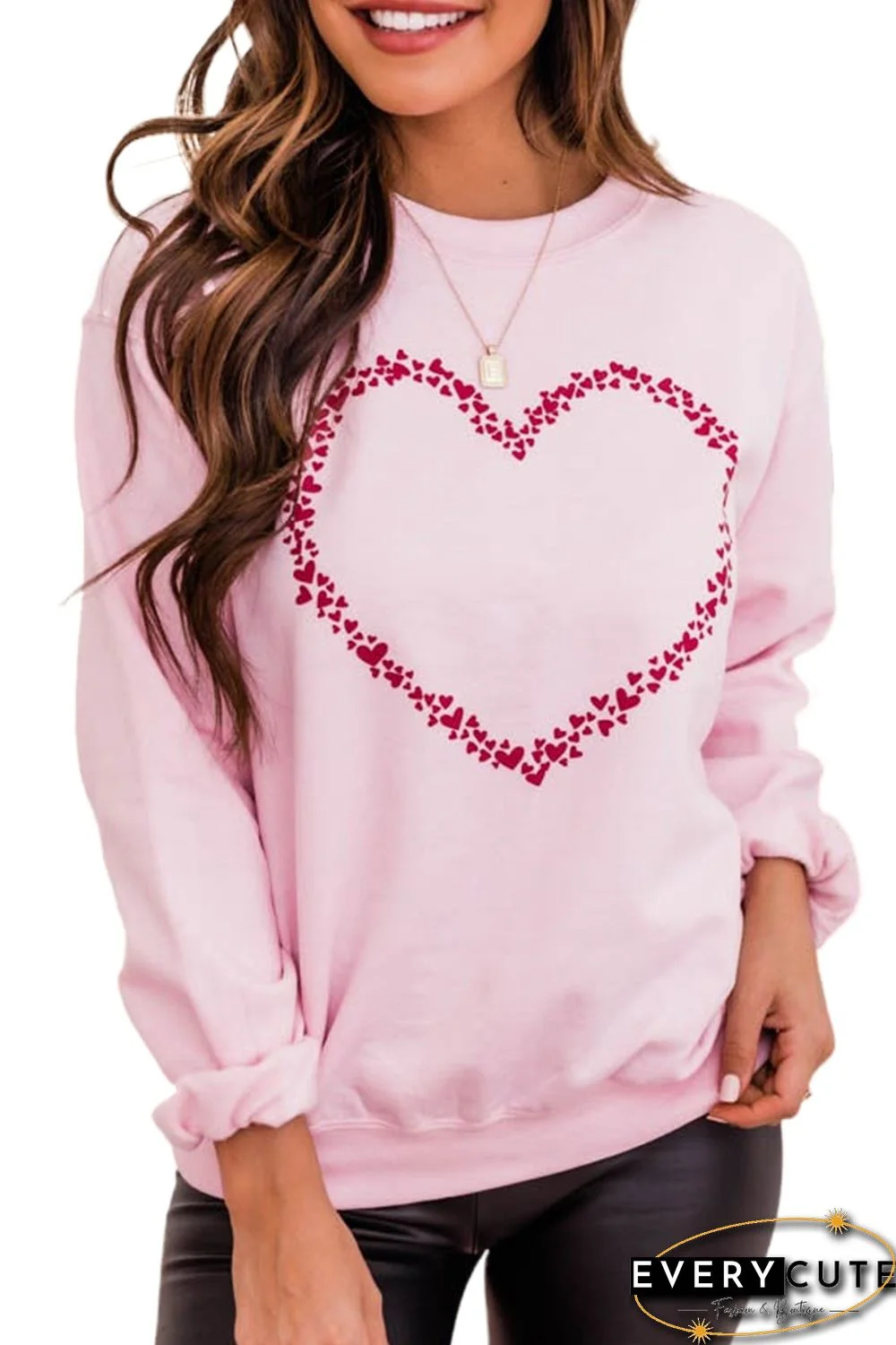 Pink Valentine Hearts Print Long Sleeve Pullover Sweatshirt