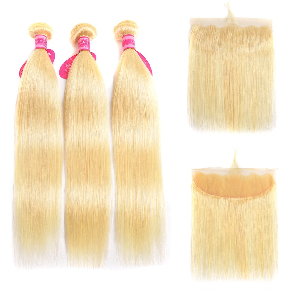 Straight Hair #613 Blonde Color 3 Bundles With Lace Frontal US Mall Lifes