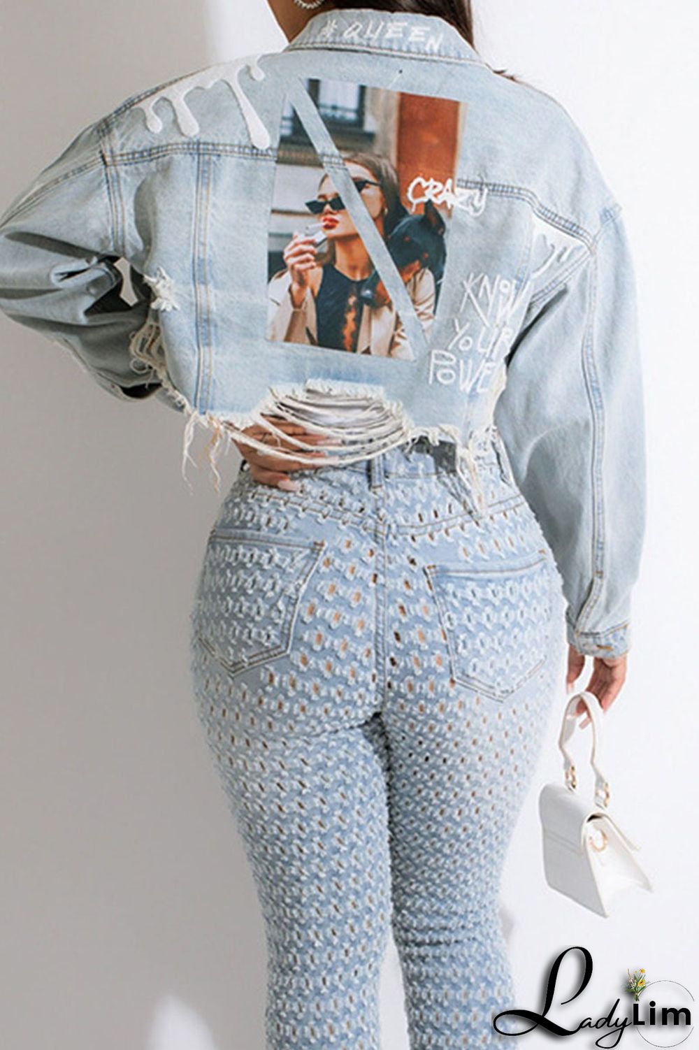 Black Yellow Street Print Make Old Patchwork Buckle Turndown Collar Long Sleeve Straight Denim Jacket