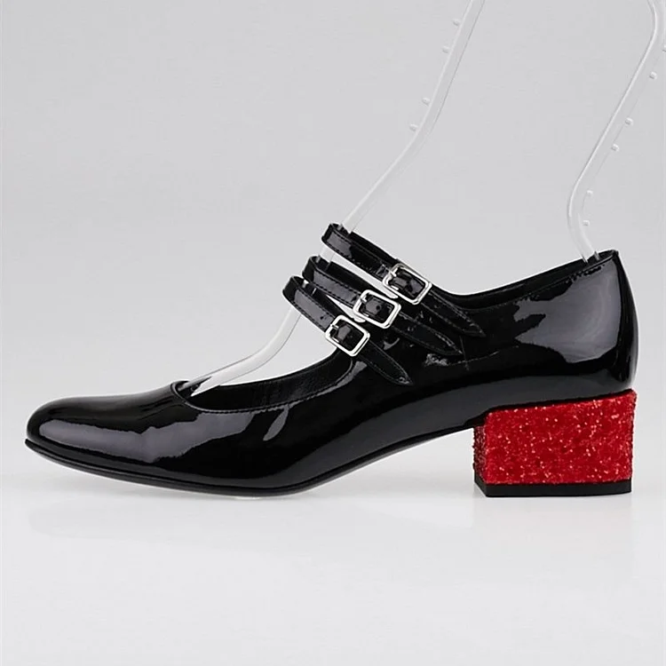 Black Tri-straps Mary Jane Pumps with Red Glitter Block Heels |FSJ Shoes