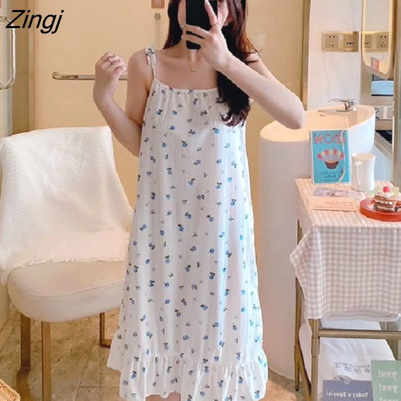 Zingj Women Summer Floral Mini V-neck Sleeveless Elegant Sleepwear Homewear Soft Sweet Lovely Ulzzang Design Ladies Popular