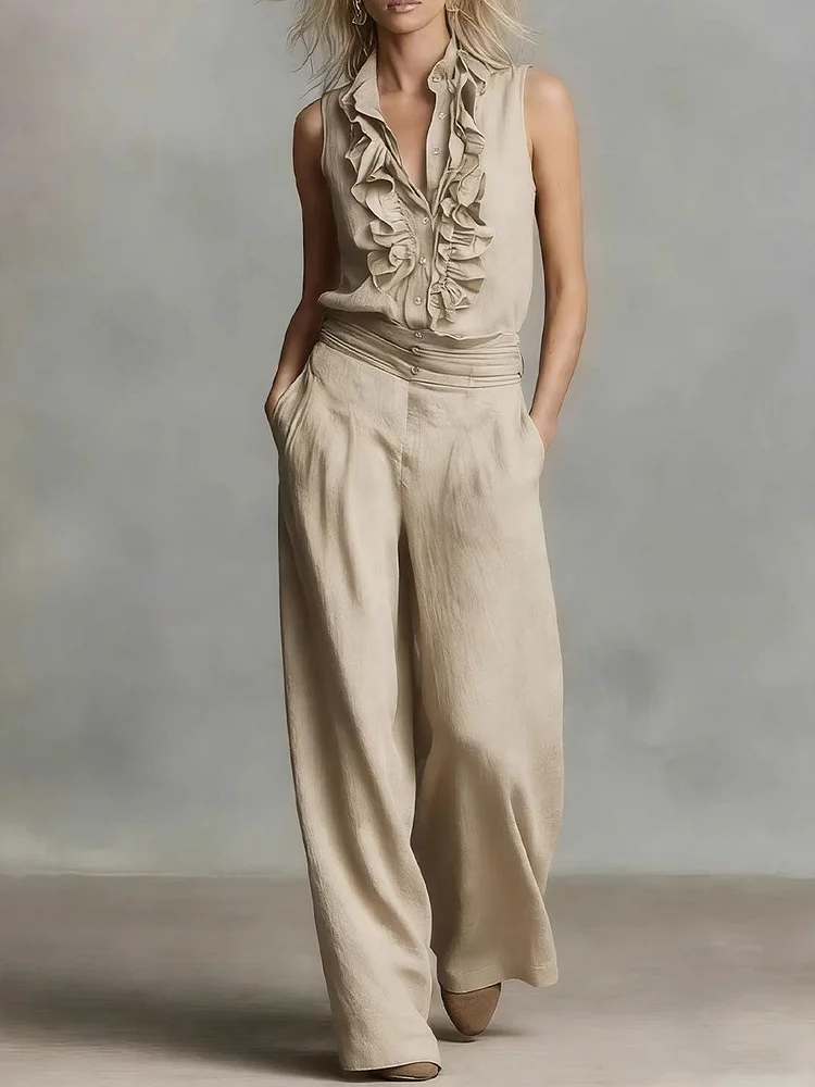 Women's Simple Linen Sleeveless Casual Shirt And Wide-leg Pants Set
