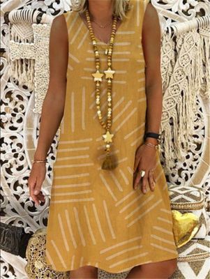 Women plus size dress Summer Vintage Loose Dress V-neck Print Short Sleeve Knee Midi Dress