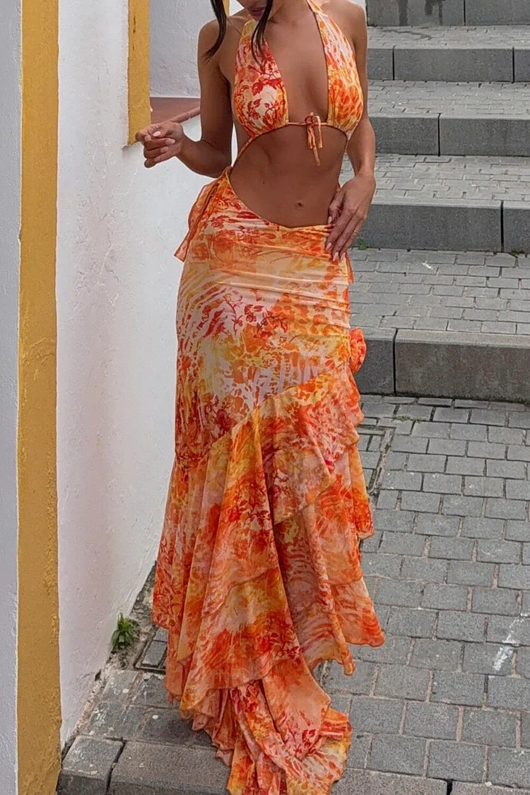 Pattern Print Halter Crop Top Irregular Maxi Skirt 2pcs Set-Orange [Pre Order]