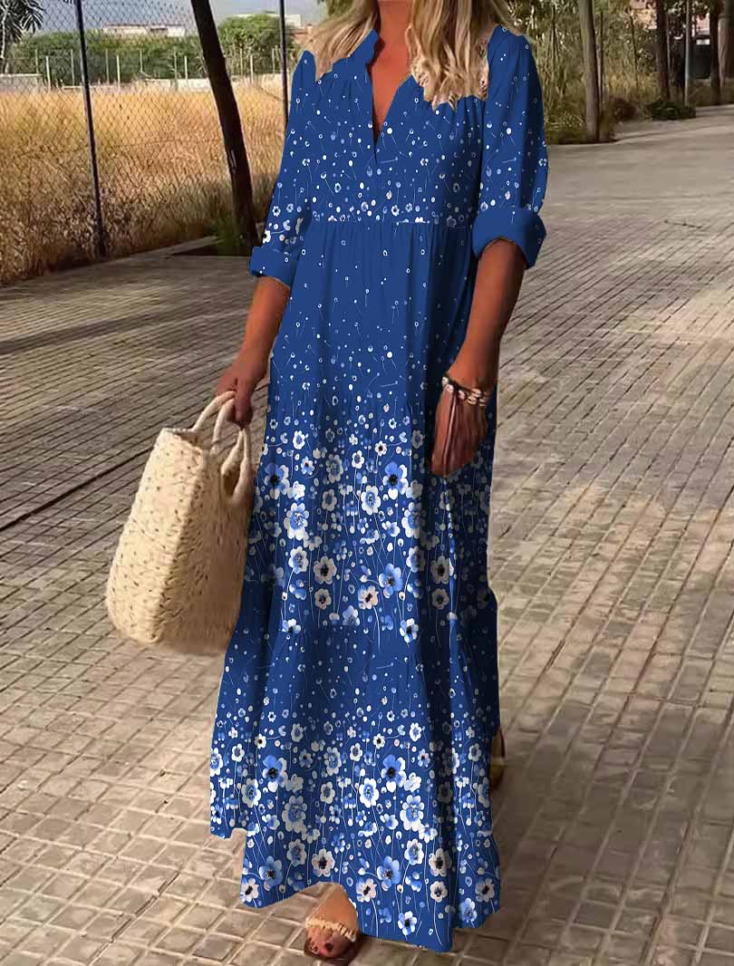 Women Floral, Blue, White DZDN1141 SPU Printed Long Sleeve V-neck Maxi Dress