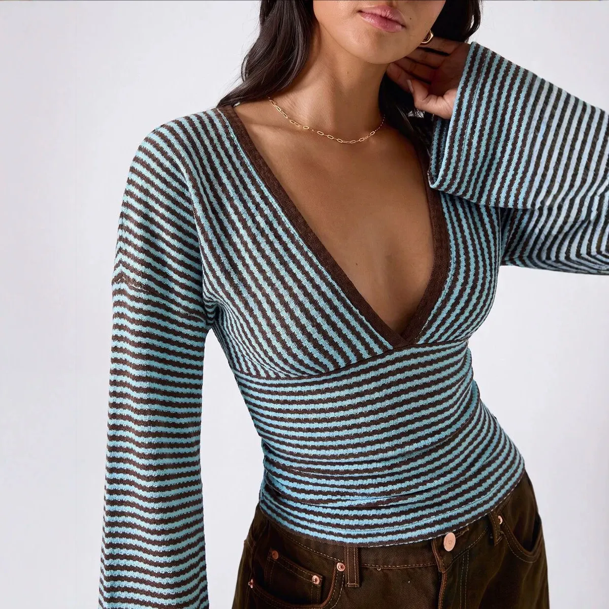 Women V Neck Striped Long Sleeve Top