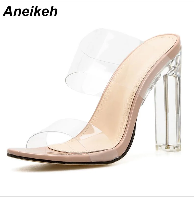 Aneikeh 2021 SummerNew PVC Jelly Sandals Crystal Open Toed Sexy Thin Heels Crystal Women Transparent Heel Sandals Slippers Pumps