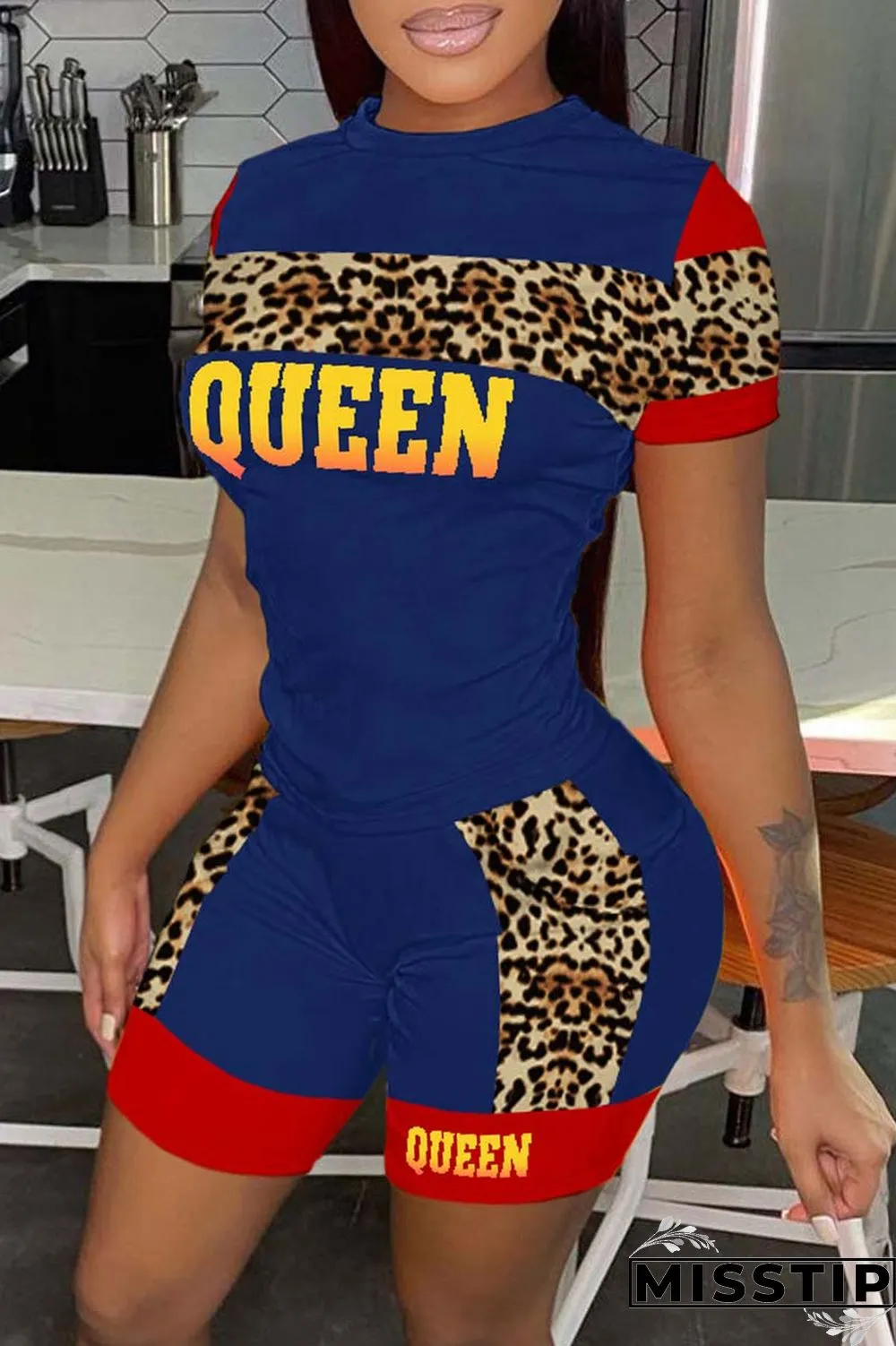 Pink Casual Letter Print Patchwork O Neck Short Sleeve Two Pieces