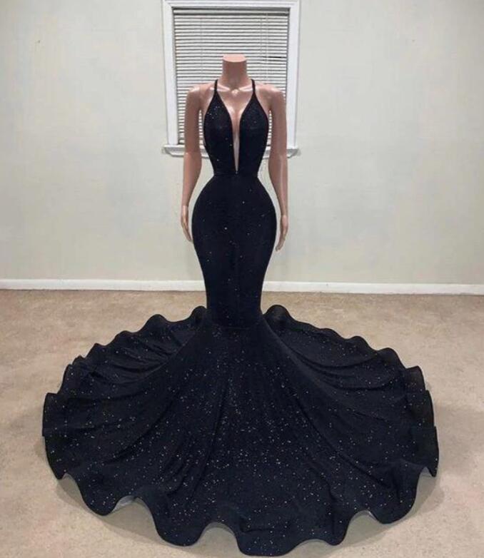 Oknass Black Mermaid Halter Prom Dress With Sequins